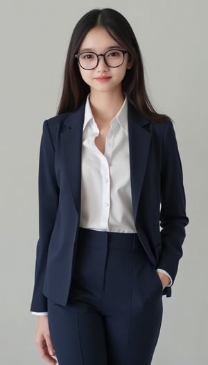 a young woman with long dark brown hair and glasses, beautiful young woman wearing office outfit, white_shirt, navy blazer, navy long pants, office_lady 