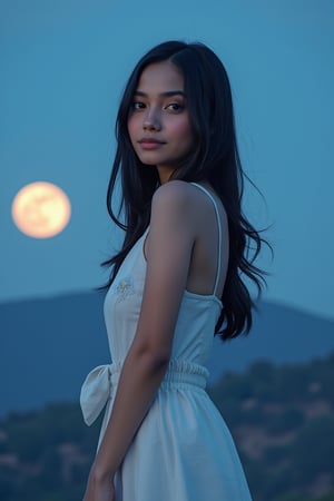 Here is the SD prompt:

A majestic 1girl stands majestically in a stunning full-body pose on the windswept peak of a majestic mountain under the soft glow of moonlight. Her slender yet toned physique is accentuated by her fitting figure and slim face, with sharp features and piercing blue eyes that seem to gaze directly into the viewer's soul. Her long black hair flows gently in the breeze as she dons a k-pop idols-inspired sundress that hugs her curves perfectly. The intricate details of her makeup, including a subtle smile, are accentuated by the ultra-high resolution 8K camera, capturing every nuance and texture with precision. The close-up shot reveals a masterpiece of facial features, with sharp lines defining her small lips and detailed expressions.