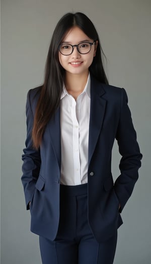 a young woman with long dark brown hair and glasses, beautiful young woman wearing office outfit, white_shirt, navy blazer, navy long pants, office_lady 