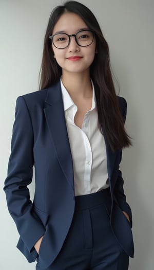 a young woman with long dark brown hair and glasses, beautiful young woman wearing office outfit, white_shirt, navy blazer, navy long pants, office_lady 