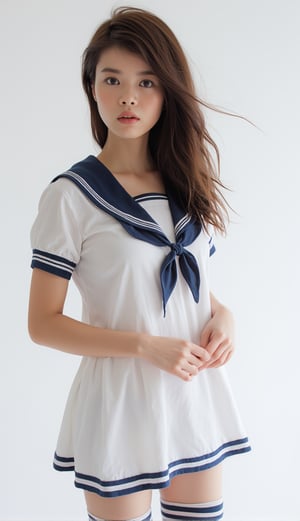 A sultry mermaid-like siren, her porcelain doll-like complexion aglow under softbox lighting on a crisp white background. Her luscious locks cascade down her back as she poses in a vintage-inspired sailor getup, complete with a crisp white dress and striped stockings, her human features a striking contrast to the nautical attire.