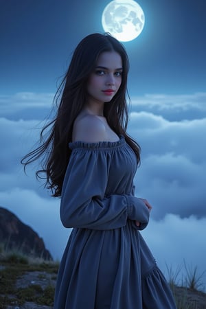 Here is the SD prompt:

A majestic 1girl stands majestically in a stunning full-body pose on the windswept peak of a majestic mountain under the soft glow of moonlight. Her slender yet toned physique is accentuated by her fitting figure and slim face, with sharp features and piercing blue eyes that seem to gaze directly into the viewer's soul. Her long black hair flows gently in the breeze as she dons a k-pop idols-inspired sundress that hugs her curves perfectly. The intricate details of her makeup, including a subtle smile, are accentuated by the ultra-high resolution 8K camera, capturing every nuance and texture with precision. The close-up shot reveals a masterpiece of facial features, with sharp lines defining her small lips and detailed expressions.