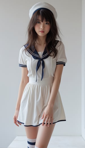 A sultry mermaid-like siren, her porcelain doll-like complexion aglow under softbox lighting on a crisp white background. Her luscious locks cascade down her back as she poses in a vintage-inspired sailor getup, complete with a crisp white dress and striped stockings, her human features a striking contrast to the nautical attire.