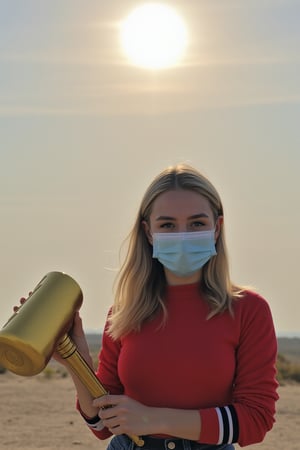 young woman, wearing a mask, holding a golden hammer, under the sun