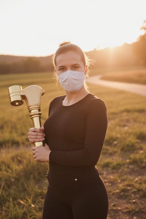 young woman, wearing a mask, holding a golden hammer, under the sun