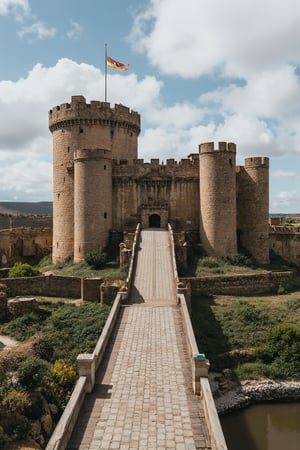 A medieval castle stands proudly on a hillside, its stone walls weathered to a warm beige. A moat surrounds the fortress, with a drawbridge lowered in anticipation of arrival. The main keep towers above, adorned with turrets and flags fluttering in the breeze. A winding path leads up to the entrance, flanked by a pair of imposing portcullises.,Cinematic_Enhancer_Style