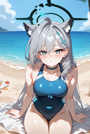 1girl, Swimsuit, One-piece swimsuit, Sitting on a dock, Beach background, Blue ocean, Sunny day, Long silver hair, Cat ears, Halo, Blush, Hairclip, Looking at viewer,shiroko terror \(blue archive\), face portrait, 1girl