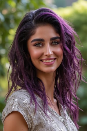 Medium shot of a slim 25-year-old Italian girl with sumptuous shoulder-length curly purple hair. Light brown eyes, big smile, wearing a chrome dress, walking through a garden