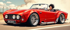 A vivid illustration of a Triumph (((TR4))) in Ruby Red (RWB) from 1962, with a widened body and sleek lines. The scene unfolds like a comic strip: a chromed-out, girl with black hair is driving, bagged, and slammed TR4 sits majestically on a cartoonish backdrop, its wide fenders and aggressive stance exuding a sense of power. In the foreground, Chip Foose's signature style shines through, as if the car is about to burst forth from the page. The masterpiece radiates an aura of nostalgia and speed, inviting the viewer to step into the world of classic cars and hot rods.