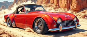 A vivid illustration of a ((Triumph TR4)) in Ruby Red (RWB) from 1962, with a widened body and sleek lines. The scene unfolds like a comic strip: a chromed-out, girl with black hair is driving, bagged, and slammed TR4 sits majestically on a cartoonish backdrop, its wide fenders and aggressive stance exuding a sense of power. In the foreground, Chip Foose's signature style shines through, as if the car is about to burst forth from the page. The masterpiece radiates an aura of nostalgia and speed, inviting the viewer to step into the world of classic cars and hot rods.