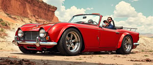 A vivid illustration of a Triumph (((TR4))) in Ruby Red (RWB) from 1962, with a widened body and sleek lines. The scene unfolds like a comic strip: a chromed-out, bagged, and slammed TR4 sits majestically on a cartoonish backdrop, its wide fenders and aggressive stance exuding a sense of power. In the foreground, Chip Foose's signature style shines through, as if the car is about to burst forth from the page. The masterpiece radiates an aura of nostalgia and speed, inviting the viewer to step into the world of classic cars and hot rods.