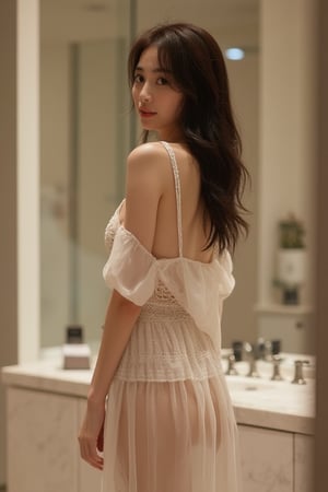 Full-body shot of an Asian girl in a bathroom, wearing a gorgeous nightgown under a sheer top, revealing too much skin. Sheer suit and wide-neck dress, transparent fabric highlighted by studio lights. 80k UHD, capturing exclusive details with a focus on the revealing nature of the attire.