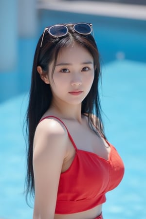 asian beautiful girl 18 years old in red 2-pieces swimsuit,sunglasses on her head,black-hair, swimming pool background, 1080p,looking on camera 