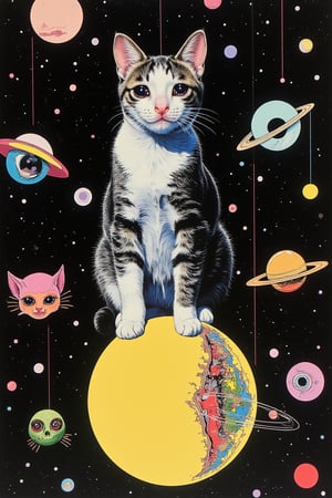 Neo-Surrealism,pop art, a realistic crying cat looking at viewer, sitting on top of the unrealistic full moon, background is the space but with various surrealism eyes mouths and ears as planets