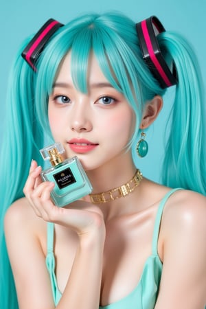 SuchSkin, deblur, 32K
portrait of Hatsune Miku, photo studio, cosmetic portrait shooting. holding luxury teal perfume bottle near her face.