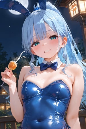 masterpiece, best quality, extremely detailed, (illustration, official art:1.1), 1 girl ,(((( light blue hair)))), ,(((( light blue long hair)))),light blue hair, ,((blush)) , cute face, big eyes, masterpiece, best quality,(((((a very delicate and beautiful girl))))),Amazing,beautiful detailed eyes,blunt bangs((((little delicate girl)))),(((tareme))),droopy eyes.(true beautiful:1.2), sense of depth,dynamic angle,,,, affectionate smile, (true beautiful:1.2),,(tiny 1girl model:1.2),)(flat chest), score_9, score_8_up, score_7_up, score_6_up, score_5_up, score_4_up, masterpiece, best quality, source_anime, , shiodare,On a full moon night, moon viewing, full moon, Japanese pampas grass, watercolor style, mysterious, rating_safe, (view from below:1.4), night sky, (big moon:1.4), face focus, upper body, smile, half-closed eyes, parted lips, looking down, BREAK , , ponytail, wavy hair, (hair between eyes:0.7), sideburns, flipped hair, (aqua scrunchie:1.0),aqua eyes, tareme, playboy bunny, shiny satin leotard, shiny aqua bunny ears, detached collar, bow tie, outdoors, (night:1.2),, a vase of Japanese pampas grass on either side of the jugoya bun on a plate is offered to,FFPPWET,ffppwet,wet skin,lustrous skin,very wet skin,oily skin,shiny skin,olied skin,steaming body,very sweaty