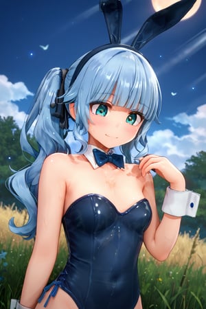 masterpiece, best quality, extremely detailed, (illustration, official art:1.1), 1 girl ,(((( light blue hair)))), ,(((( light blue long hair)))),light blue hair, ,((blush)) , cute face, big eyes, masterpiece, best quality,(((((a very delicate and beautiful girl))))),Amazing,beautiful detailed eyes,blunt bangs((((little delicate girl)))),(((tareme))),droopy eyes.(true beautiful:1.2), sense of depth,dynamic angle,,,, affectionate smile, (true beautiful:1.2),,(tiny 1girl model:1.2),)(flat chest), score_9, score_8_up, score_7_up, score_6_up, score_5_up, score_4_up, masterpiece, best quality, source_anime, , shiodare,On a full moon night, moon viewing, full moon, Japanese pampas grass, watercolor style, mysterious, rating_safe, (view from below:1.4), night sky, (big moon:1.4), face focus, upper body, smile, half-closed eyes, parted lips, looking down, BREAK , , ponytail, wavy hair, (hair between eyes:0.7), sideburns, flipped hair, (aqua scrunchie:1.0),aqua eyes, tareme, playboy bunny, shiny satin leotard, shiny aqua bunny ears, detached collar, bow tie, outdoors, (night:1.2),, a vase of Japanese pampas grass on either side of the jugoya bun on a plate is offered to,FFPPWET,ffppwet,wet skin,lustrous skin,very wet skin,oily skin,shiny skin,olied skin,steaming body,very sweaty