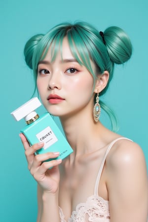 SuchSkin, deblur, CR2, .HEIC, IMG_1018.CR2.
portrait of Hatsune Miku, photo studio, cosmetic portrait shooting. holding luxury teal perfume bottle near her face.