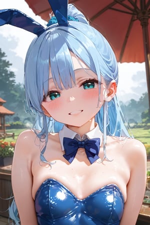 masterpiece, best quality, extremely detailed, (illustration, official art:1.1), 1 girl ,(((( light blue hair)))), ,(((( light blue long hair)))),light blue hair, ,((blush)) , cute face, big eyes, masterpiece, best quality,(((((a very delicate and beautiful girl))))),Amazing,beautiful detailed eyes,blunt bangs((((little delicate girl)))),(((tareme))),droopy eyes.(true beautiful:1.2), sense of depth,dynamic angle,,,, affectionate smile, (true beautiful:1.2),,(tiny 1girl model:1.2),)(flat chest), score_9, score_8_up, score_7_up, score_6_up, score_5_up, score_4_up, masterpiece, best quality, source_anime, , shiodare,On a full moon night, moon viewing, full moon, Japanese pampas grass, watercolor style, mysterious, rating_safe, (view from below:1.4), night sky, (big moon:1.4), face focus, upper body, smile, half-closed eyes, parted lips, looking down, BREAK , , ponytail, wavy hair, (hair between eyes:0.7), sideburns, flipped hair, (aqua scrunchie:1.0),aqua eyes, tareme, playboy bunny, shiny satin leotard, shiny aqua bunny ears, detached collar, bow tie, outdoors, (night:1.2),, a vase of Japanese pampas grass on either side of the jugoya bun on a plate is offered to,FFPPWET,ffppwet,wet skin,lustrous skin,very wet skin,oily skin,shiny skin,olied skin,steaming body,very sweaty