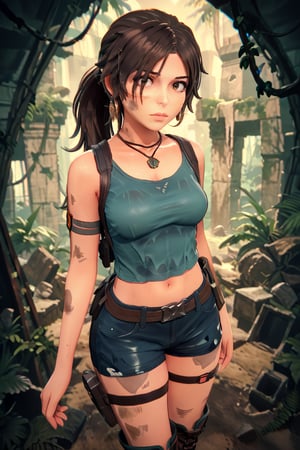 SuchKoikatsu, score_9, score_8_up, score_8, painting of Lara Croft (tomb raider), 20 years old, beautiful girl, long dark hair, loose ponytail, sweaty, earrings, necklaces, dirty aqua blue crop top, tight short latex shorts, boots, holsters on thigh straps, pierced navel, jungle, ancient ruins, fast painting, dirt portrait, very colorful, glitch, sparkles, (intricate details), (dynamic angle), (cinematic lights), (realistic skin:1.4), sharp, (analog film grain), colorful background,