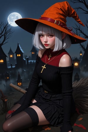 SuchKGirl,2.5D,hyper realistic,SuchDetail
safe_pos, score_9, score_8_up, score_7_up, score_6_up.
BREAK;
Ana, perfect face, witch, red eyes, elf ears, bobbed white hair, orange witch hat, red collar, cross necklace, black off the shoulder knitted sweater, pleated skirt, thigh highs, elbow sleeves.
BREAK;
Ana is (flying on broom:1) above a haunted graveyard.
BREAK;
The background is (Halloween night), dark, shadows, from above. Floating ghosts, fog, night sky, enchanted moon.
BREAK;
easynegative, Expressiveh, g0thicPXL, glowing, neon,