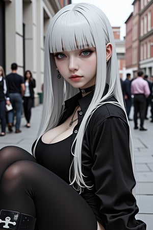 SuchKGirl,2.5D,hyper realistic,
score_9, score_8_up, score_7_up, score_6_up, pretty woman, 21 year old, 1girl, very pale skin, white skin, goth girl, emo, eyeliner, eyeshadow, white hair, long hair, straight hair, happy, smile, pretty face, long hair, long sleeves, black clothing, shirt, skirt, sexy pose, public, downtown city