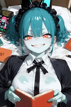 FFPPWET,SuchHorriGirl,ffppwet,wet skin,lustrous skin,very wet skin,oily skin,shiny skin,olied skin,steaming body,very sweaty,
 Hatsue Miku, reading book in cozy bed room, high angle, grin face, sharp teeth, 