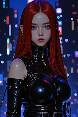 SuchKGirl,2.5D,hyper realistic,
A super hyper-realistic full-body illustration of EPpkJessie with long, slicked-back red hair and piercing blue eyes. Her expression is serious and emotionless, complementing her sleek, platinum metal skin, which shines with vibrant chromecore reflections. She stands in dark, monochrome armor that features intricate, glowing patterns, adding depth to her form. The background is simple yet powerful, a mix of dark and blue tones that contrast with the bright, vibrant chromecore elements on her skin. Hints of gradient color ripple across her metallic body, blending colorful accents into the armor. The scene evokes dark fantasy vibes, with a balance between shadowy undertones and glowing highlights, giving her an otherworldly, futuristic aura.,glow_skin,iridescent skin,oily skin,portrait
 ((glow_skin,iridescent skin,oily skin,portrait, Detailed hand, Hand, Perfect hand, in the style of Jed-clrfl, surreal photo, iridescent, aesthetic))
