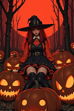 SuchKGirl,2.5D,hyper realistic,
score_9, score_8_up, score_7_up, score_6_up, hllwn, halloween, vintage, source_anime, masterpiece, gloomy and sinister forest, giant red moon, giant pumpkins with evil luminous face, cute witch, red hair, red eyes, blushing, freckles, dark and orange two-tones sorceress dress, sorceress hat, halloween outfit, (two-tones stockings with frills:1.2), (crazy face:1.2), sadistic smile, focus on giant pumpkins