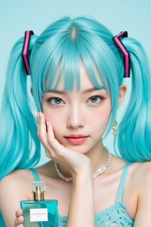 SuchSkin, deblur, CR2, .HEIC, IMG_1018.CR2.
portrait of Hatsune Miku, photo studio, cosmetic portrait shooting. holding luxury teal perfume bottle near her face.