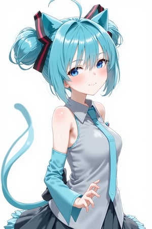 Hatsune Miku, shirt, aqua hair, dress, ribbon, tail, virtual youtuber, blue hair, hair bun, black ribbon, cat ears, 