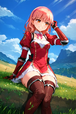 
score_9, score_8_up, score_7_up, score_6_up, score_5_up, score_4_up, source_anime, 1girl, solo, djeetadef, pink hairband, dress, puffy sleeves, gauntlets, brown thighhighs, thigh boots, smile, adjusting hair, looking forward, sky, sitting on lawn, landscape, from below