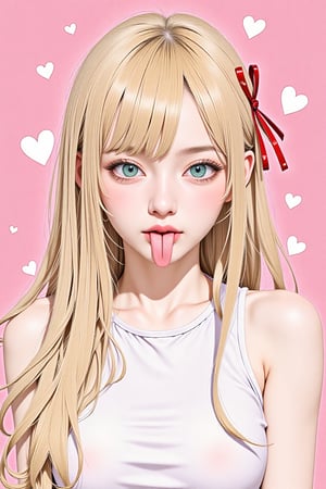 SuchKGirl,2.5D,hyper realistic,SuchDetail,Enhanced all
score_9,score_8_up,score_7_up, 1girl, aqua eyes, blonde hair, blush, eyelashes, hair ornament, heart, heart-shaped pupils, heart background, heart hair ornament, long hair, looking at viewer, one side up, open mouth, pink background, portrait, red ribbon, ribbon, saliva, shirt, sidelocks, smile, solo, symbol-shaped pupils, teeth, tongue, tongue out, upper teeth only