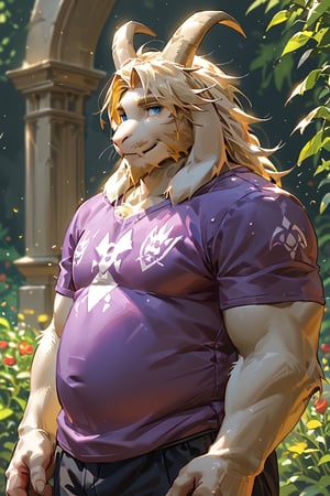 Game_CG, Exquisite_face, Exquisite_eyes , Score_9, Score_8_up, Score_7_up, bright lighting, solo, Score_anime, goat_mature_male, muscular, furry_male, furry_fur , well_muscled, chubby_male ,chubby_body , goatee, garden scene , open short shirt , gentle smile, White Fur,Expressiveh,beautiful face, soul knight, blue eyes,Asgore Dreemurr,Goat Boy