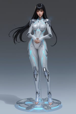 A high-quality anime-style figure of a stunning futuristic mech girl, dressed in sleek, high-tech armor. The figure features long, flowing black hair with a metallic sheen, cascading down her back, and her body is encased in a slim-fitting, glossy white and silver exosuit, highlighting her futuristic appearance. She is posed leaning slightly forward, with her hands resting together, exuding both elegance and power. Her armor is intricately designed, with glowing neon blue lines running across her body, giving off a high-tech, cybernetic vibe. Her legs are clad in form-fitting, armored plating that accentuates her sleek silhouette, with mechanical joints and robotic details visible at the knees and ankles. She stands on a clear, minimalistic base with holographic elements that create a sense of hovering technology. The design includes advanced weaponry subtly integrated into her armor, and her pose and expression blend grace with the strength of a high-tech warrior., FuturEvoLabGiant, 