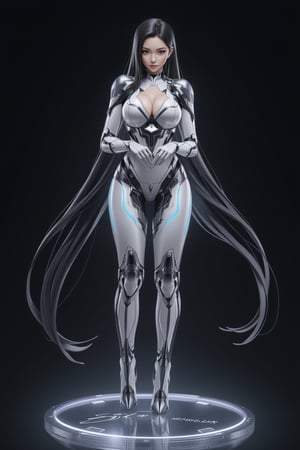 A high-quality anime-style figure of a stunning futuristic mech girl, dressed in sleek, high-tech armor. The figure features long, flowing black hair with a metallic sheen, cascading down her back, and her body is encased in a slim-fitting, glossy white and silver exosuit, highlighting her futuristic appearance. She is posed leaning slightly forward, with her hands resting together, exuding both elegance and power. Her armor is intricately designed, with glowing neon blue lines running across her body, giving off a high-tech, cybernetic vibe. Her legs are clad in form-fitting, armored plating that accentuates her sleek silhouette, with mechanical joints and robotic details visible at the knees and ankles. She stands on a clear, minimalistic base with holographic elements that create a sense of hovering technology. The design includes advanced weaponry subtly integrated into her armor, and her pose and expression blend grace with the strength of a high-tech warrior., FuturEvoLabGiant, 