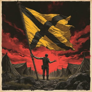 a long shot of a man in a camp standing and holding a huge yellow and black Gadsden flag, that has a dark snake as emblem, (art by Ayami Kojima:1.5), cyberpunk comic cover art, blade runned color palette, beaten tech. neo noir style, cult-classic-comic-style, in the cyberpunk aesthetic, comicbook art, desaturated colors, refined style, ((masterpiece)), ((best quality)), 8k, ultra-detailed, stylized art. The posters feature classic horror style, bold typography, Low-angle view, A grunge-esque textured art style with sharp, inky lines and rough shading, ,aidmaabdhr,Horror Poster Movie