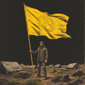 a long shot of a man in a camp standing and holding a huge yellow Gadsden flag, (art by Ayami Kojima:1.5), cyberpunk comic cover art, blade runned color palette, beaten tech. neo noir style, cult-classic-comic-style, in the cyberpunk aesthetic, comicbook art, desaturated colors, refined style, ((masterpiece)), ((best quality)), 8k, ultra-detailed, stylized art. The posters feature classic horror style, bold typography, Low-angle view, A grunge-esque textured art style with sharp, inky lines and rough shading, ,aidmaabdhr,Horror Poster Movie