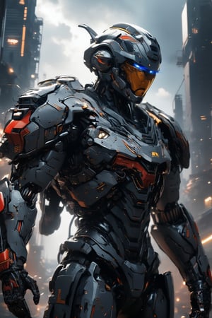  ((masterpiece)), ((best quality)), 8k, ultra-detailed, futuristic android robot, half-body photo, military tech project, (inspired by German engineering), sleek and efficient design, metallic armor with (black, red, and gold color scheme), angular and industrial in style, precision-built mechanical parts, glowing blue eyes, dynamic and powerful pose, (simple background: modern Berlin or industrial landscape), cinematic lighting, cold and precise atmosphere, capturing German technological prowess, sharp focus, detailed background,real robot,epic mecha