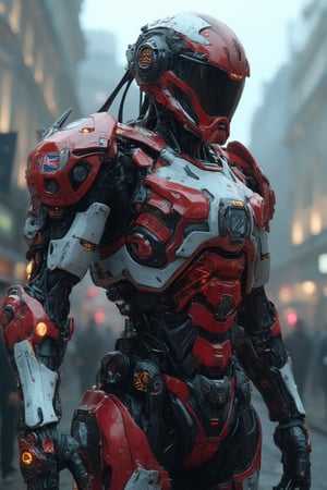 ((masterpiece)), ((best quality)), 8k, ultra-detailed, futuristic android robot, half-body photo, metallic armored unit inspired by British design, (sleek and refined), military tech project, with elements of Victorian design, (royal red and navy blue color scheme), gold accents on armor, Union Jack subtly integrated into shoulder armor, (intricate mechanical details), (cybernetic gears), dynamic pose, (simple background: foggy London street), cinematic lighting, smoke rising from the ground, (realistic reflections on metal surfaces), steampunk influences, sharp focus, detailed background,real robot,Steampunk Mecha Robbot