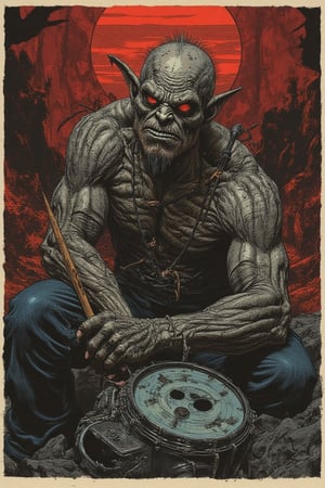 a man that looks like is transforming into a monster, half of his body is transforming, a grey muscular monster , red eyes and using blue jeans pants, he is sitting holding drumsticks and playing drums. The monster has an angry expression. (art by Ayami Kojima:1.5), cyberpunk comic cover art, blade runned color palette, beaten tech. In the cyberpunk countryside, dirty streets, comicbook art, desaturated colors, refined style, ((masterpiece)), ((best quality)), 8k, ultra-detailed, stylized art. The posters feature classic horror style, bold typography, The messy posters, Low-angle view, captures an intense performance in a dynamic pose, A grunge-esque textured art style with sharp, inky lines and rough shading, ,aidmaabdhr,Horror Poster Movie