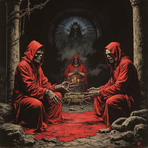 a secret society cult illustration, members are using red hoods doing a strange ceremony. Lots of occultist symbols in a dark, strange place, (art by Ayami Kojima:1.5), cyberpunk comic cover art, blade runned color palette, beaten tech. neo noir style, cult-classic-comic-style, in the cyberpunk aesthetic, dirty streets, comicbook art, a stylized text at the bottom says "Conspiration", desaturated colors, refined style, ((masterpiece)), ((best quality)), 8k, ultra-detailed, stylized art. The posters feature classic monsters, screaming faces and bold typography, The messy posters, Low-angle view, captures an intense performance in a dynamic pose, A grunge-esque textured art style with sharp, inky lines and rough shading, ,aidmaabdhr,Horror Poster Movie