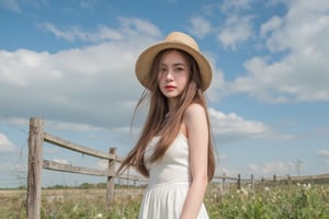 A serene young woman stands alone in a lush flowery field, her gaze directly addressing the viewer. A warm, gentle smile plays on her lips as she wears a flowing white dress without sleeves, its simplicity contrasted by the vibrant brown of her long, straight hair cascading down her back. A straw hat adorns her head, The sky above is a brilliant blue, filled with many clouds, while a weathered fence stretches out in the distance. The atmosphere is idyllic, inviting the viewer to step into this peaceful scene.