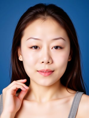 masterpiece, best quality, 1girl, solo, looking at viewer, smile,  brown hair,  brown eyes, jewelry, closed mouth, upper body, earrings, lips, blue background, portrait, realistic, nose