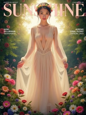 Prompt: Here is a magazine cover titled SUNSHINE':girl with a divine appearance, dressed in an elegant ensemble of ethereal and semi-transparent clothing, with a deep neckline that runs from her chest to her navel. Her hair is short, reaching her shoulders, and she wears soft makeup that highlights her natural beauty. A crown of small, delicate flowers adorns her head, adding to her ethereal charm. She appears as a forest goddess, surrounded by a lush landscape full of vibrant flowers and vegetation. A colorful aura surrounds her, emphasizing her divinity as her attire flows harmoniously with the environment, radiating a mystical and serene presence,