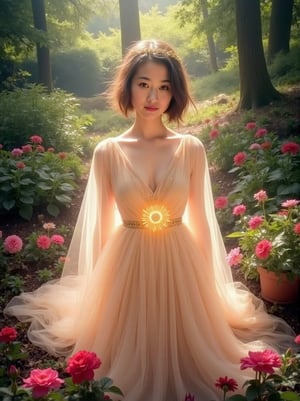 Prompt: Here is a magazine cover titled SUNSHINE':girl with a divine appearance, dressed in an elegant ensemble of ethereal and semi-transparent clothing, with a deep neckline that runs from her chest to her navel. Her hair is short, reaching her shoulders, and she wears soft makeup that highlights her natural beauty. A crown of small, delicate flowers adorns her head, adding to her ethereal charm. She appears as a forest goddess, surrounded by a lush landscape full of vibrant flowers and vegetation. A colorful aura surrounds her, emphasizing her divinity as her attire flows harmoniously with the environment, radiating a mystical and serene presence,