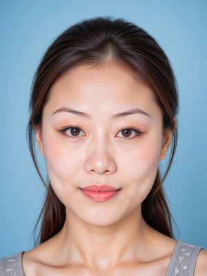 masterpiece, best quality, 1girl, solo, looking at viewer, smile,  brown hair,  brown eyes, jewelry, closed mouth, upper body, earrings, lips, blue background, portrait, realistic, nose