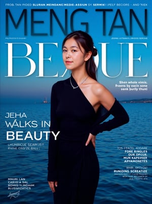 A striking magazine cover featuring a confident woman standing before a serene body of water, the dark blue background accentuated by bold white typography: MENG TAN at the top and SHE and WALKS IN BEAUTY below. She wears a sleek black dress, adorned with jewelry, her ponytailed hair pulled back as she gazes to the right, a subtle smile playing on her lips.
