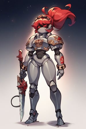 2D, score_9, score_8_up, score_7_up, BREAK, 1girl, solo,sdV, Red Hair, Red Eyes, Robot, black Visor, Tail with blade on end, full body, sleek body, armor plating, space marine armor, grey armor, leg armor, holding trench knife