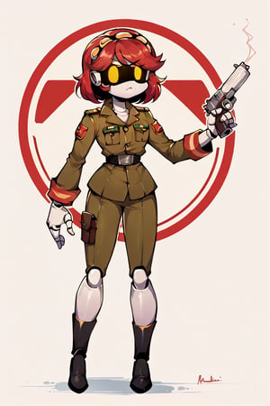 2D, score_9, score_8_up, score_7_up, BREAK, 1girl, solo,sdV, red Hair, yellow Eyes, Robot, Visor, wearing 1950s soviet army outfit, full body, holding soviet handgun